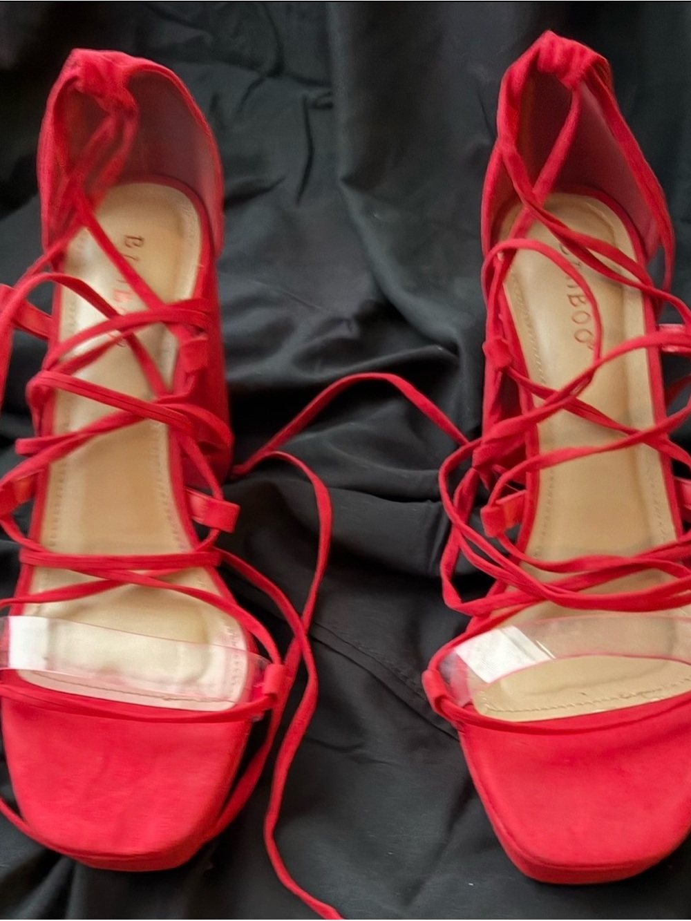 BAMBOO Red Lace-Up Strappy Heeled Sandals